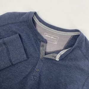 Eddie Bauer Shirt Mens Large Blue Thermal Henley Waffle Knit Outdoors Cabin